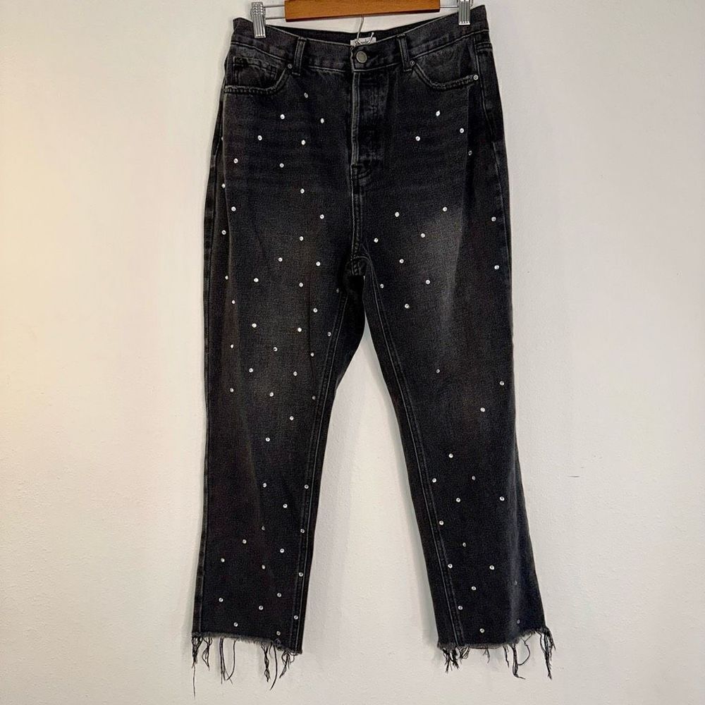 Simple Society Womens 30” Super High Rise Black Rhinestone Button Fly Glam Jeans